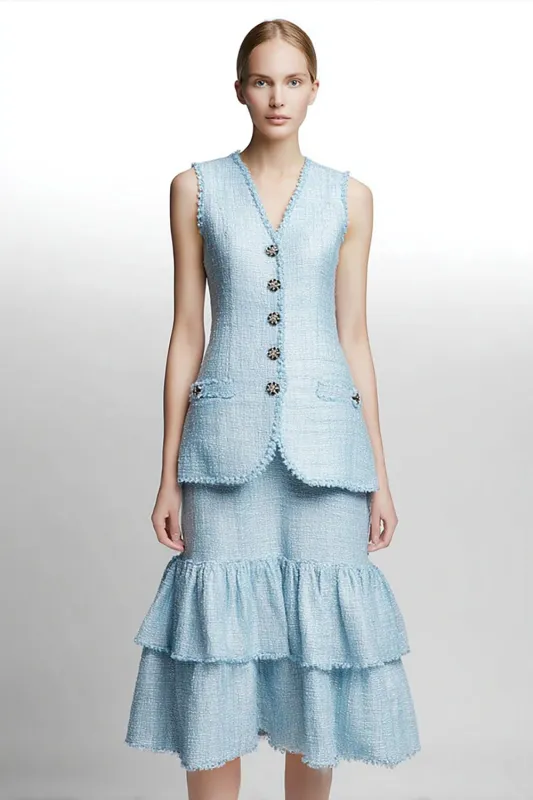 A Line Midi 2-Piece Sky Blue Work Dress with Ruffles sold by Zapaka