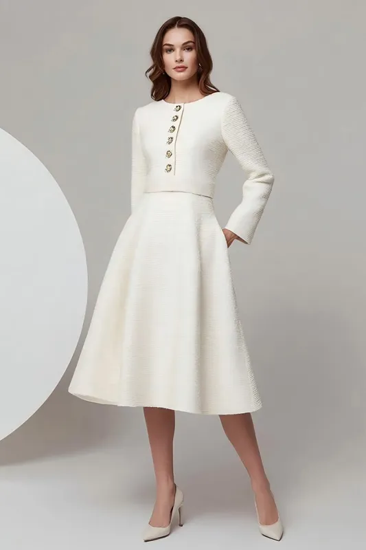 Tea-Length A Line Bateau Ivory Work Dress sold by Zapaka