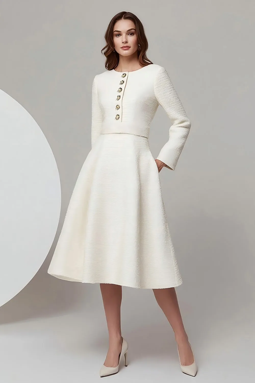 Tea-Length A Line Bateau Ivory Work Dress sold by Zapaka