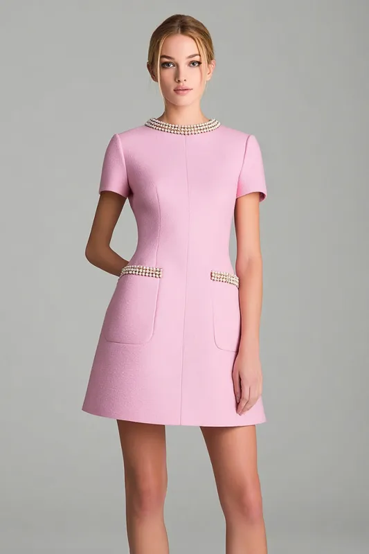 Pink A Line Round Neck Short Work Dress with Beading sold by Zapaka