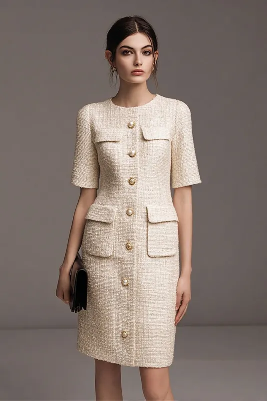Ivory Knee-Length Sheath Round Neck Work Dress sold by Zapaka