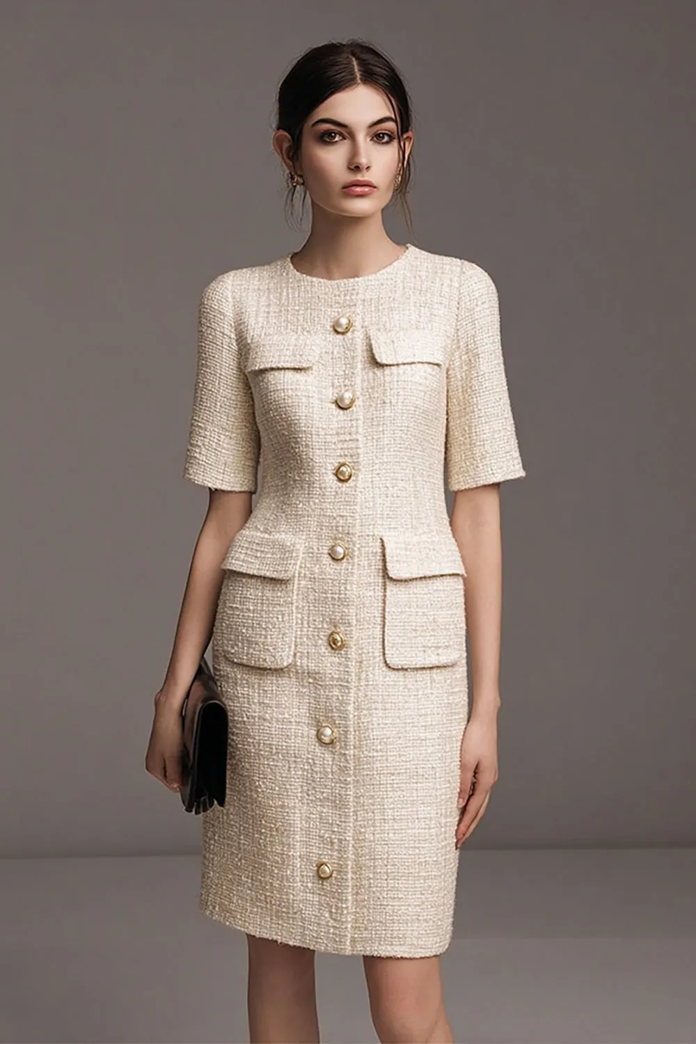 Ivory Knee-Length Sheath Round Neck Work Dress sold by Zapaka
