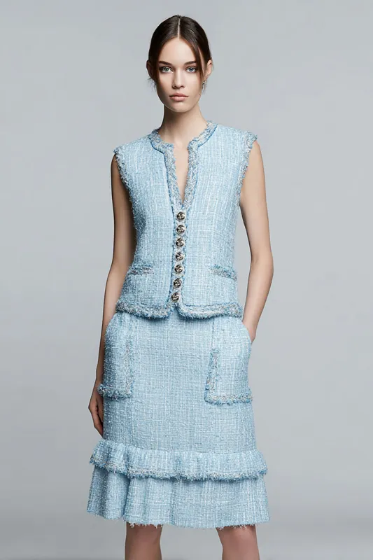 Knee-Length Sheath V-Neck Sky Blue Work Dress with Ruffles sold by Zapaka