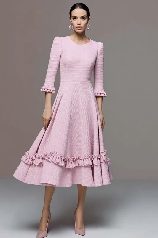 A Line Round Neck Midi Pink Work Dress with Ruffles sold by Zapaka