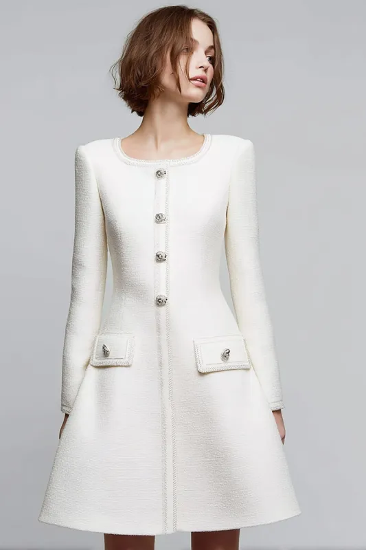 A Line Round Neck Knee-Length Ivory Work Dress sold by Zapaka