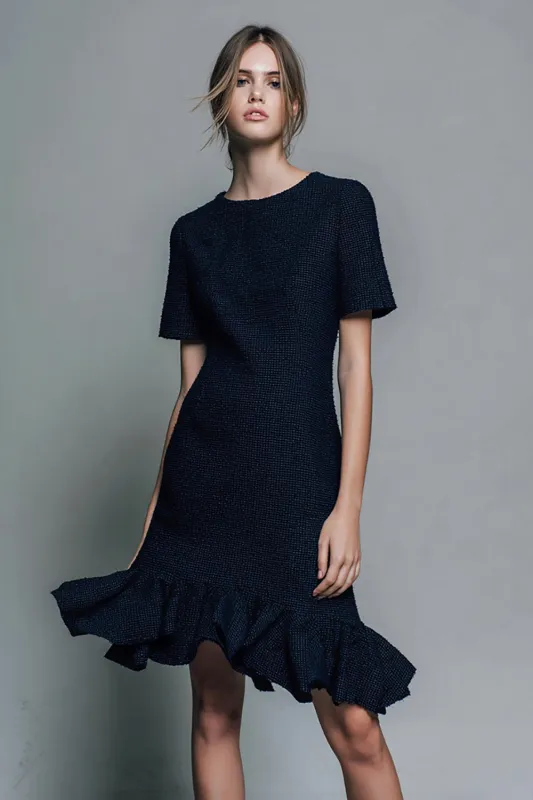 Round Neck Sheath Black Work Dress with Ruffles sold by Zapaka