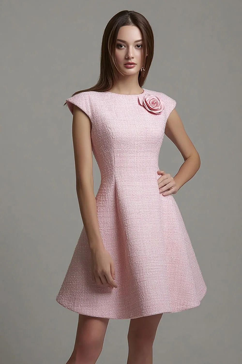 A Line Boat Neck Short Pink Work Dress with Flowers sold by Zapaka