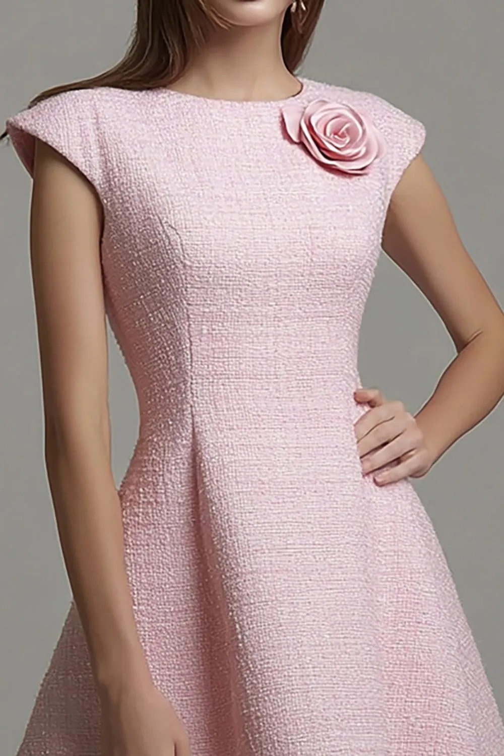 A Line Boat Neck Short Pink Work Dress with Flowers sold by Zapaka product image thumbnail 2
