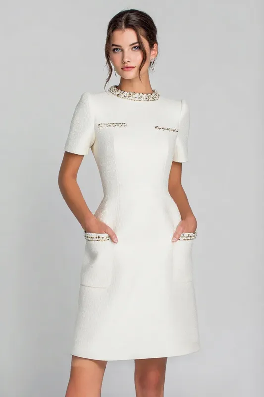 Ivory Round Neck Sheath Work Dress with Beading sold by Zapaka