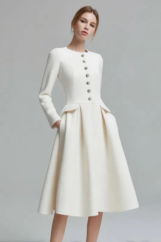 A Line Round Neck Midi Ivory Work Dress sold by Zapaka
