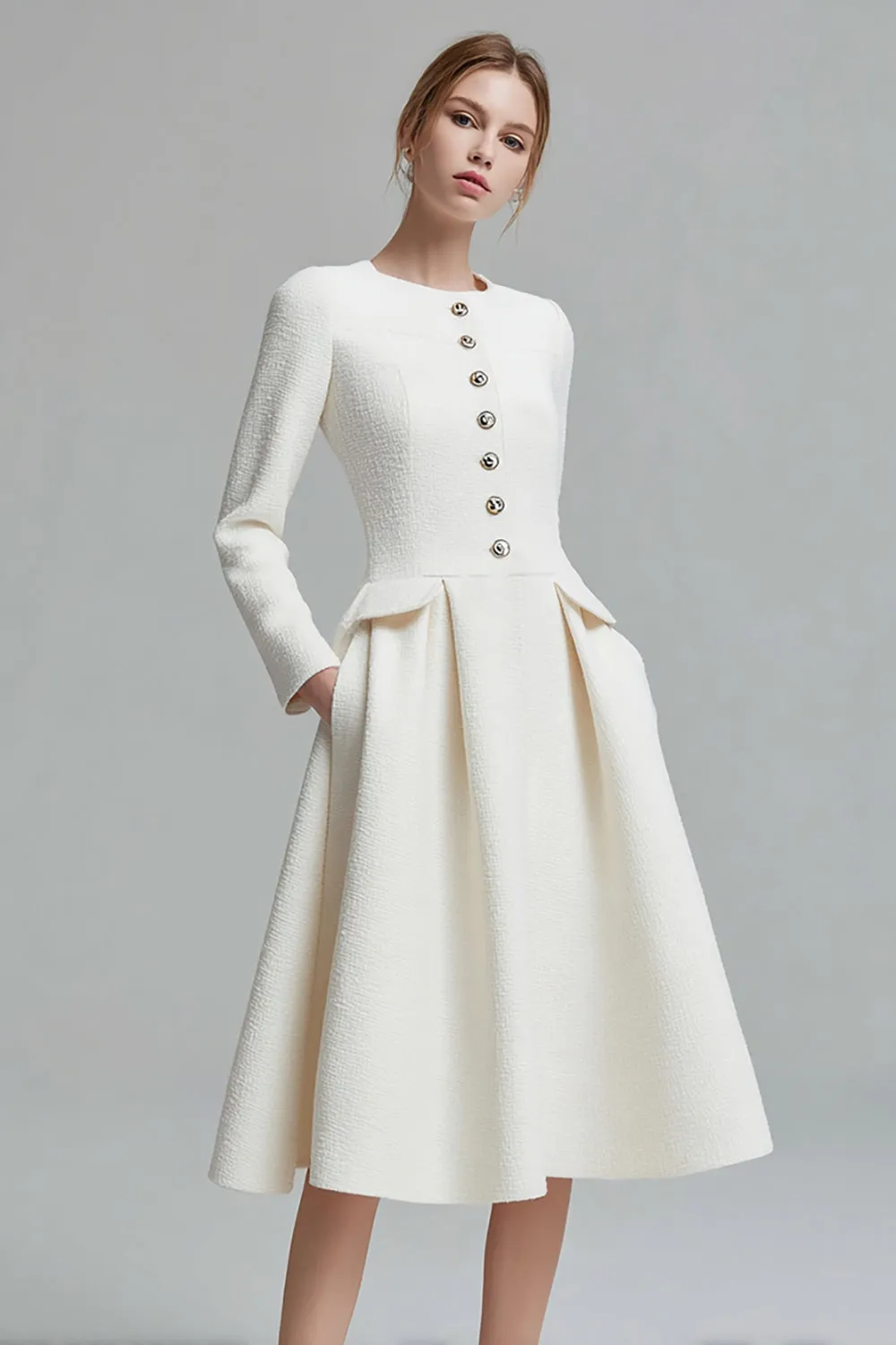 A Line Round Neck Midi Ivory Work Dress sold by Zapaka