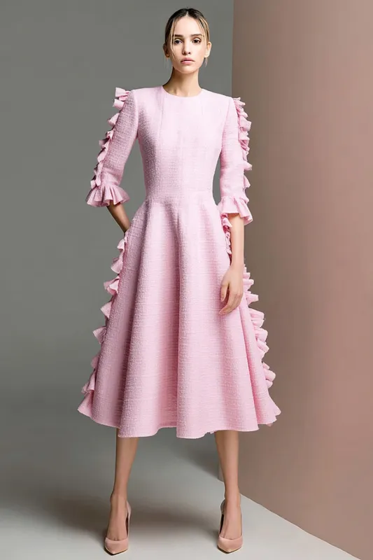Round Neck A Line Pink Work Dress with Ruffles sold by Zapaka