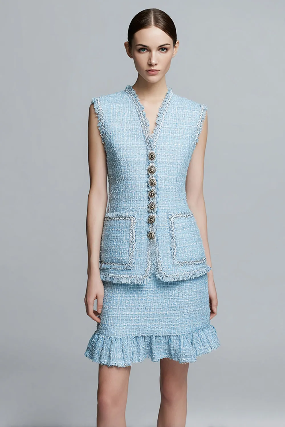 V-Neck 2-Piece Sheath Sky Blue Work Dress with Ruffles sold by Zapaka