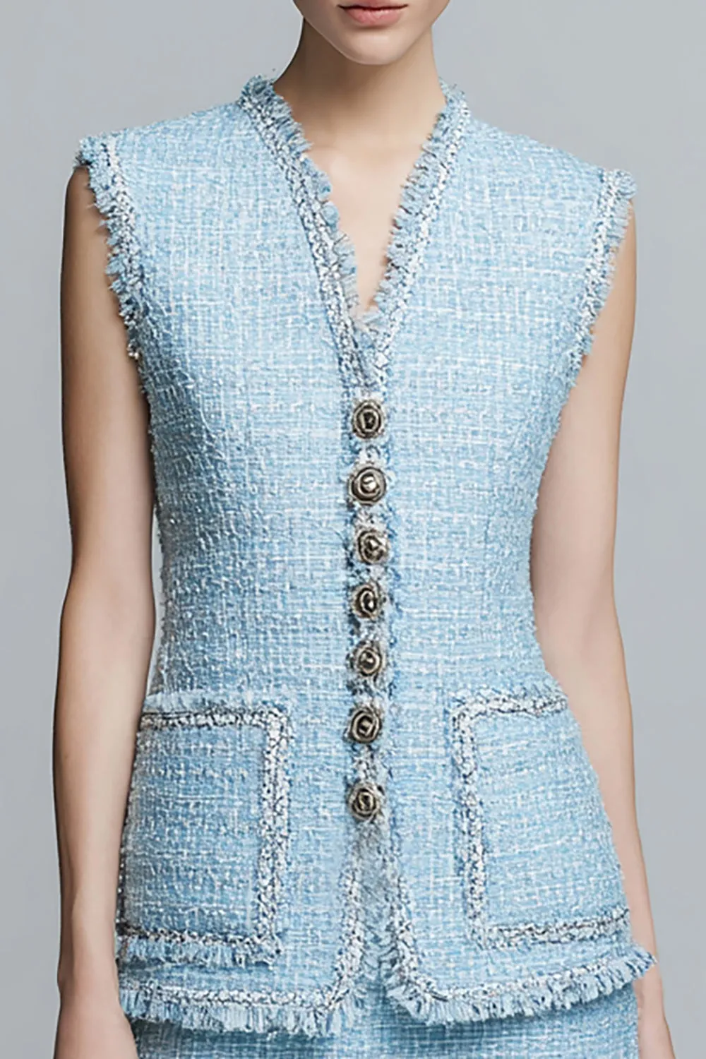V-Neck 2-Piece Sheath Sky Blue Work Dress with Ruffles sold by Zapaka product image thumbnail 2