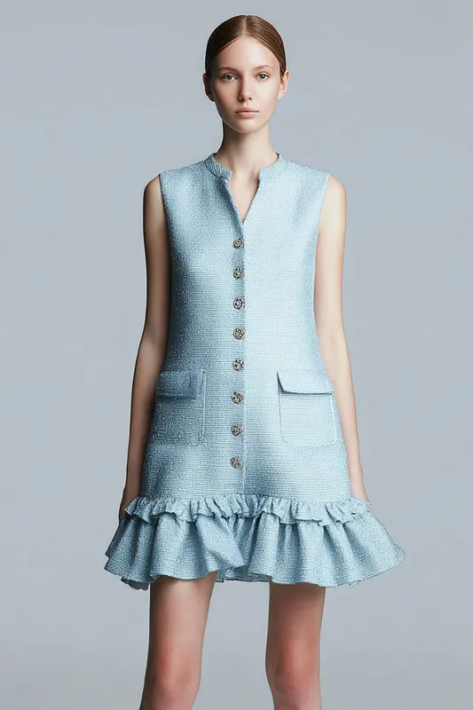 A Line V-Neck Short Sky Blue Work Dress with Ruffles sold by Zapaka