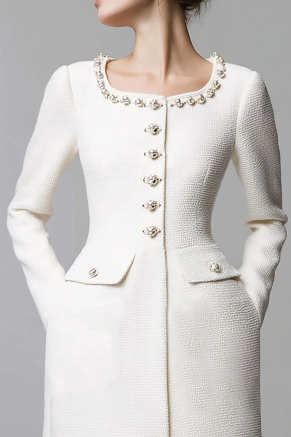 Knee-Length Sheath Round Neck Ivory Work Dress with Beading sold by Zapaka product image thumbnail 2