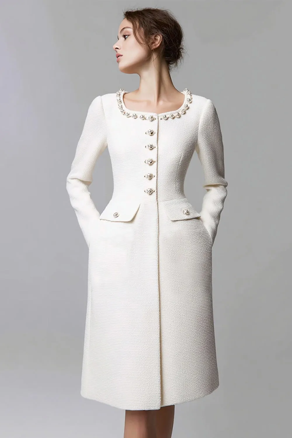 Knee-Length Sheath Round Neck Ivory Work Dress with Beading sold by Zapaka