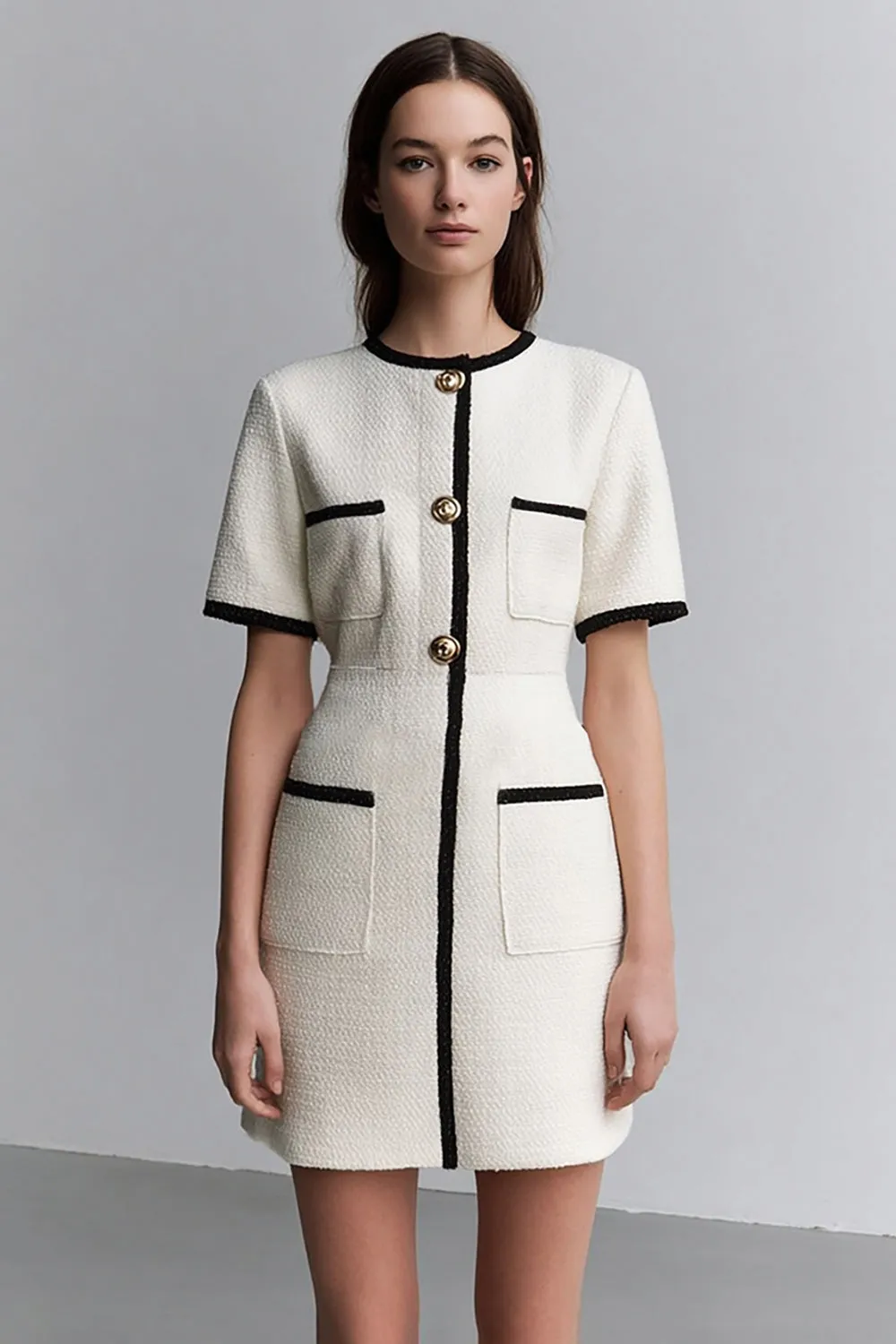 Ivory Sheath Round Neck Short Work Dress sold by Zapaka