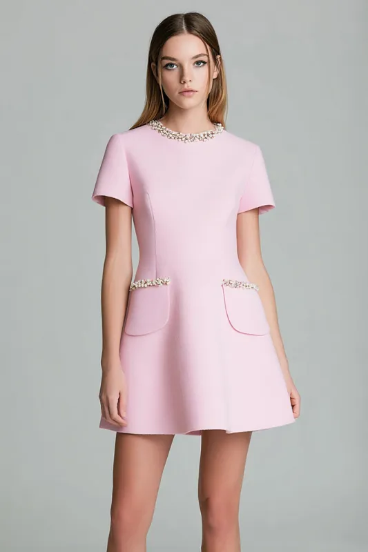 A Line Short Pink Work Dress with Beading sold by Zapaka