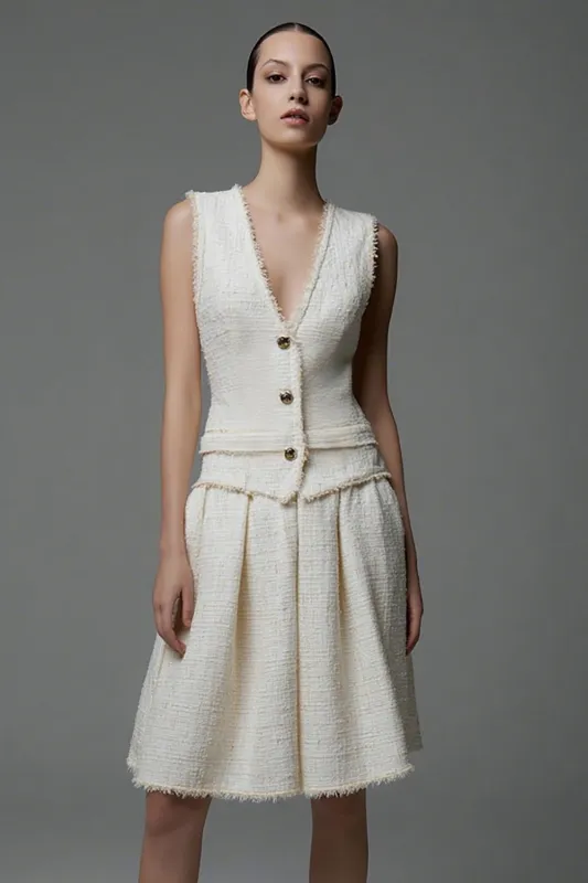 Knee-Length A Line V-Neck Ivory Work Dress with Pleats sold by Zapaka