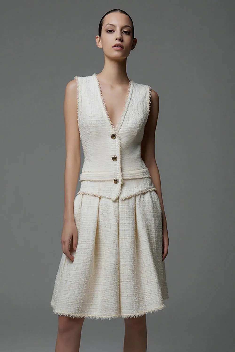 Knee-Length A Line V-Neck Ivory Work Dress with Pleats sold by Zapaka