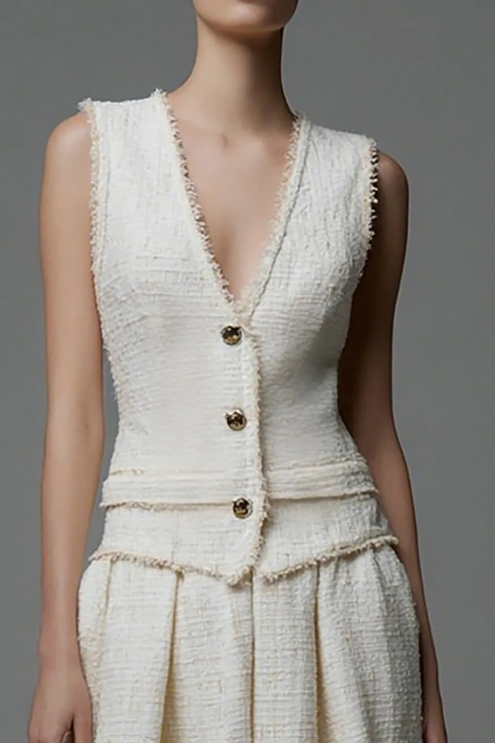 Knee-Length A Line V-Neck Ivory Work Dress with Pleats sold by Zapaka product image thumbnail 2