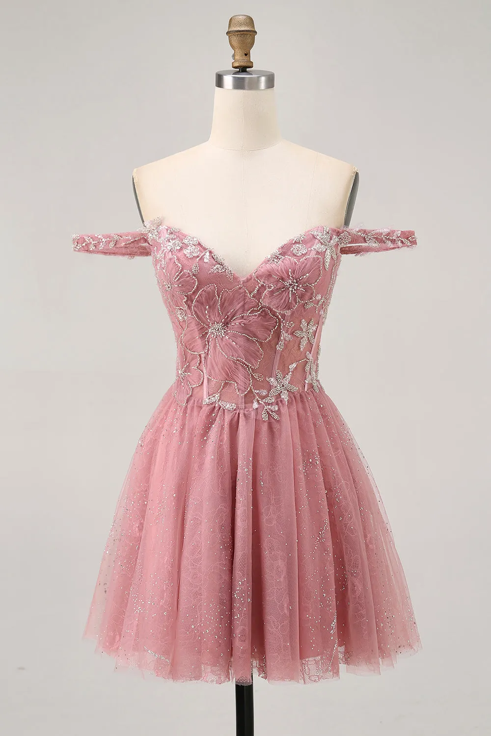 Off The Shoulder Dusty Rose Floral A Line Homecoming Dress sold by Zapaka