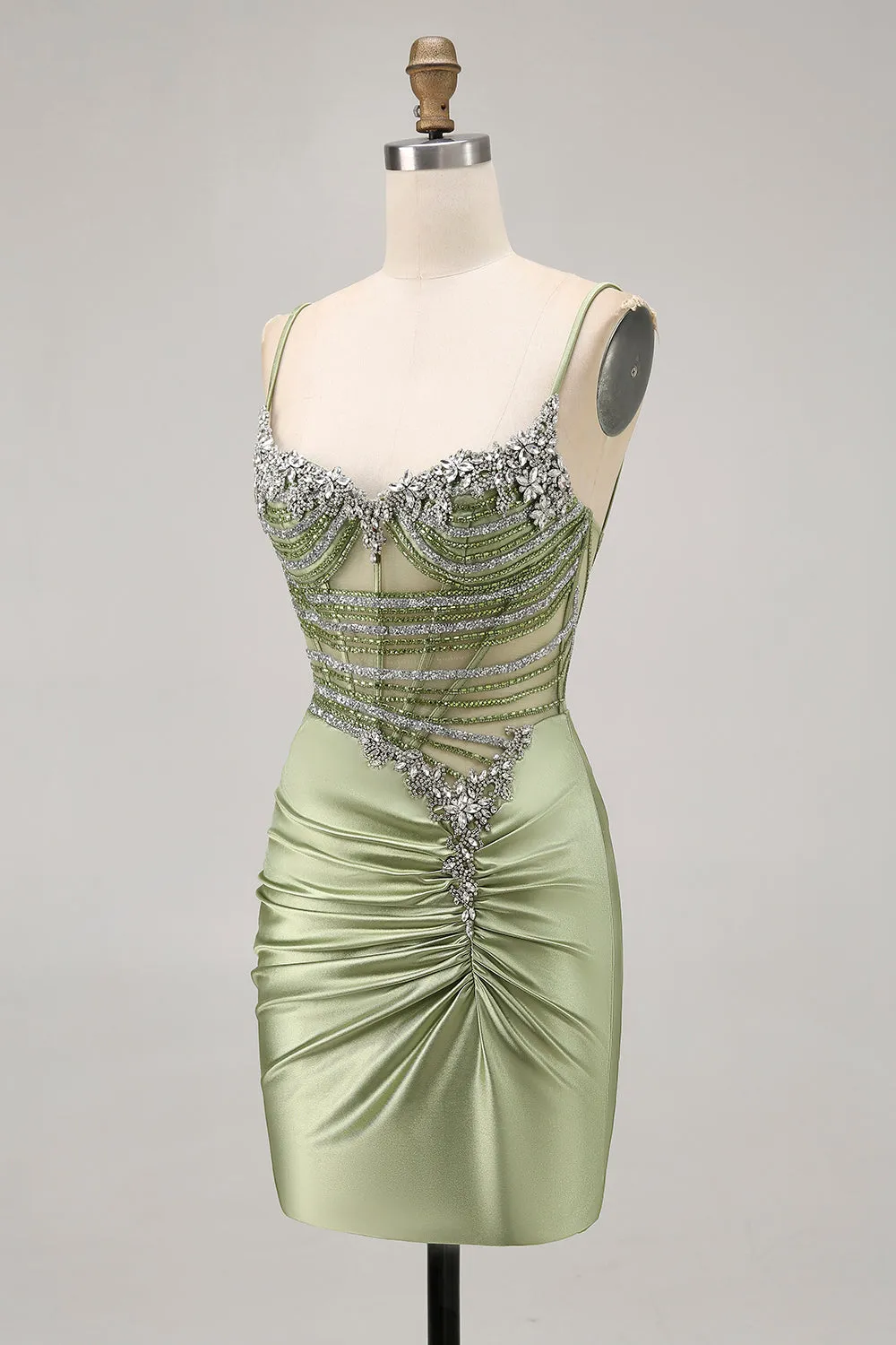 Sage Green Beaded Corset Tight Ruched Short Homecoming Dress with Rhinestones sold by Zapaka product image thumbnail 3