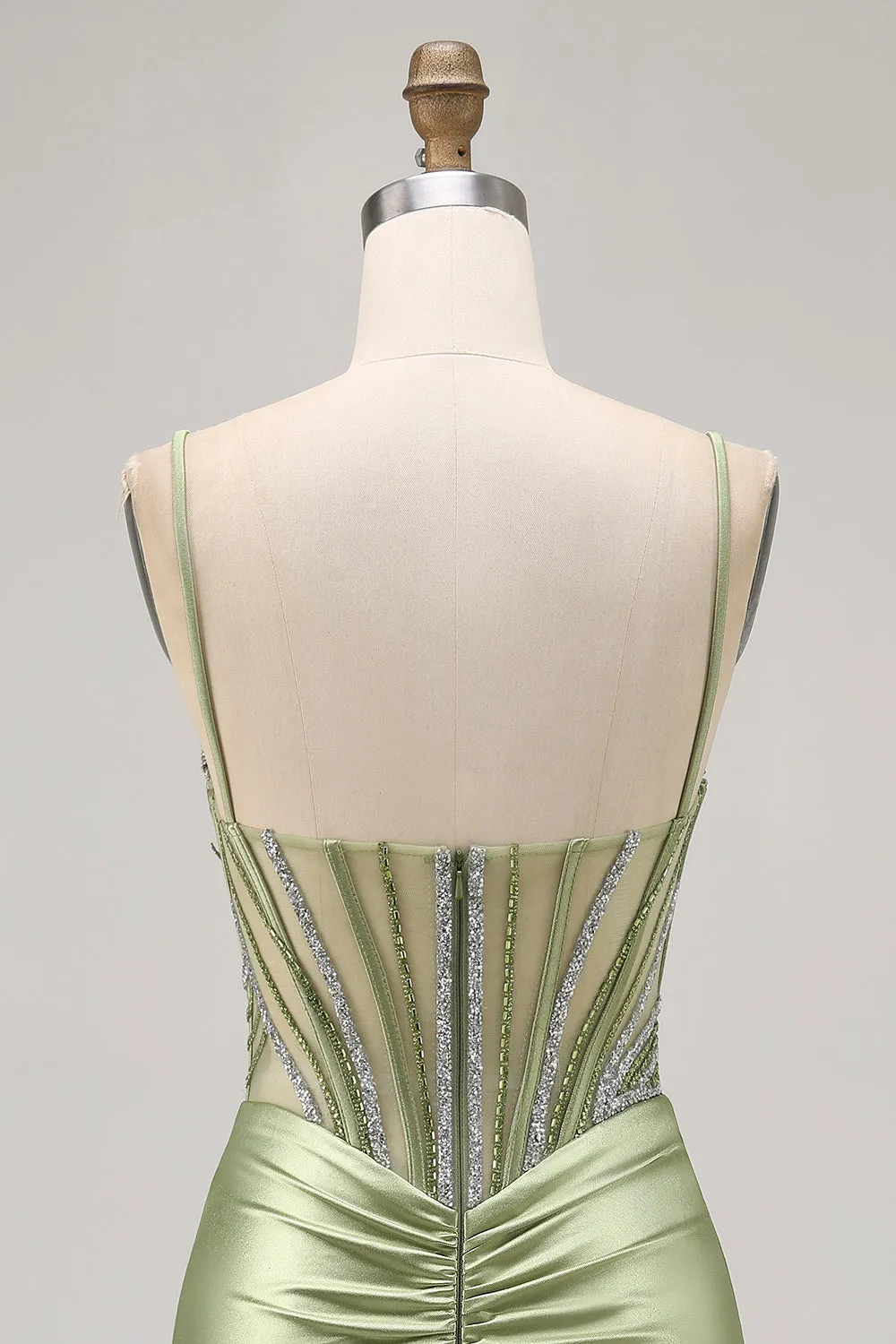 Sage Green Beaded Corset Tight Ruched Short Homecoming Dress with Rhinestones sold by Zapaka product image thumbnail 5