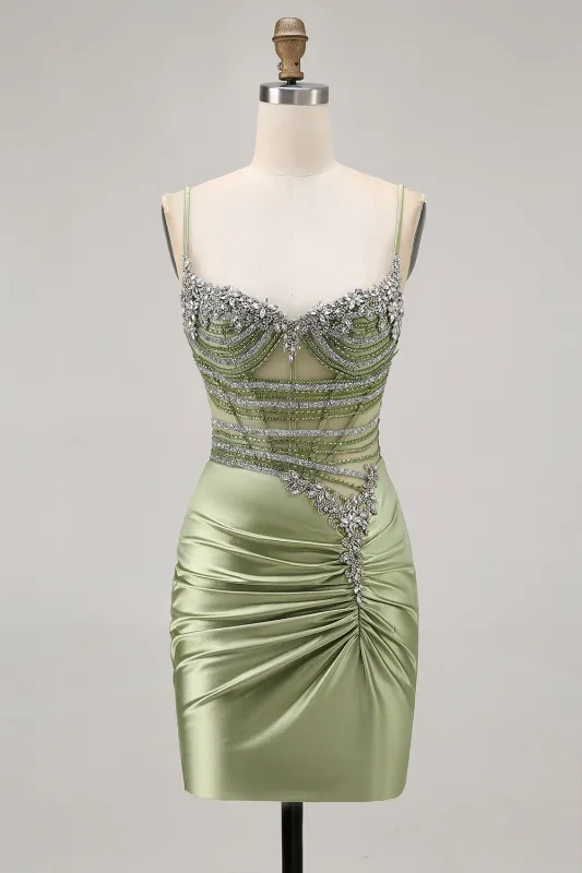 Sage Green Beaded Corset Tight Ruched Short Homecoming Dress with Rhinestones sold by Zapaka