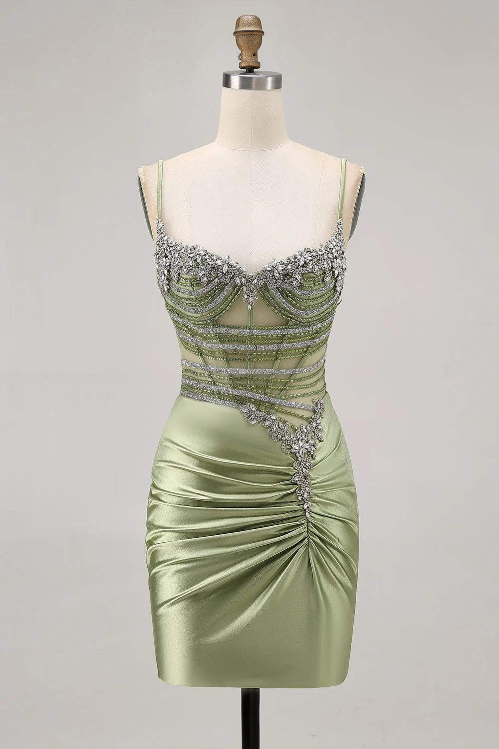 Sage Green Beaded Corset Tight Ruched Short Homecoming Dress with Rhinestones sold by Zapaka