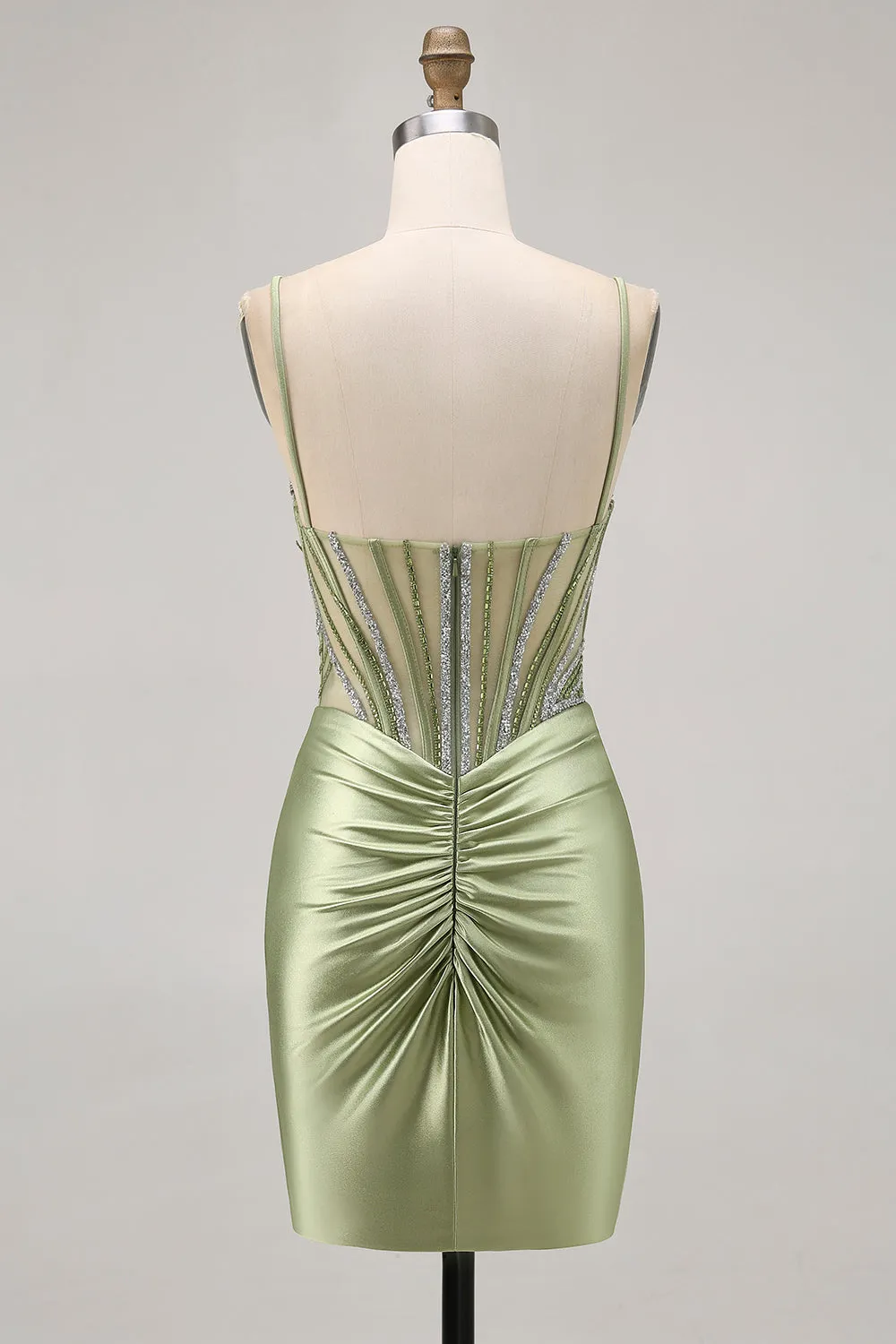 Sage Green Beaded Corset Tight Ruched Short Homecoming Dress with Rhinestones sold by Zapaka product image thumbnail 2