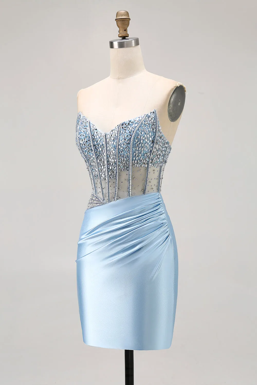 Blue Strapless Satin Beaded Corset Tight Homecoming Dress sold by Zapaka product image thumbnail 3