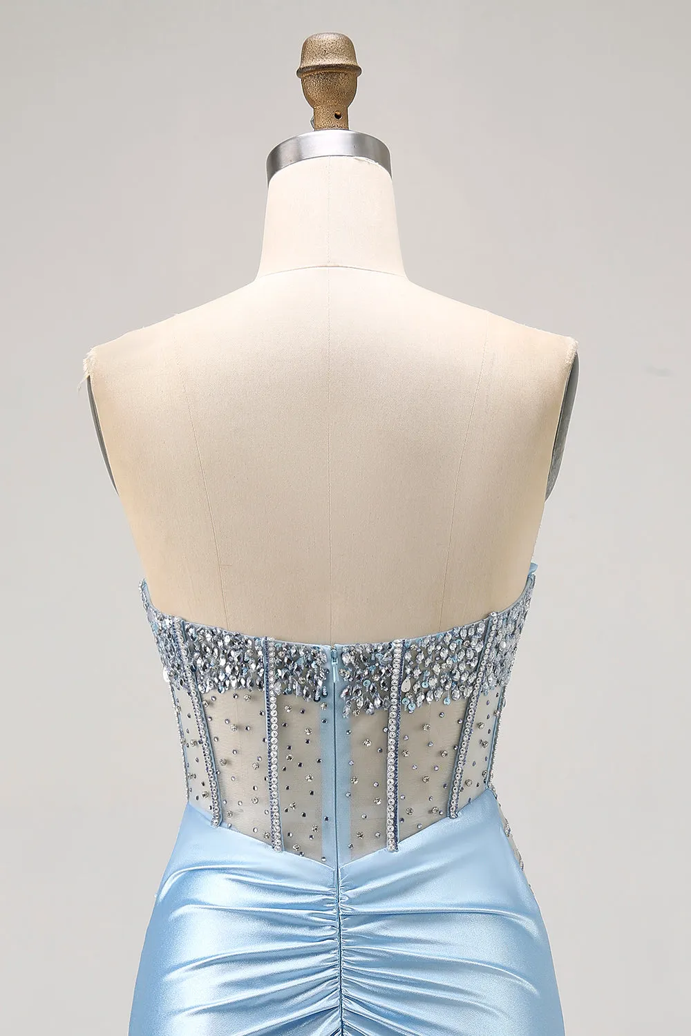 Blue Strapless Satin Beaded Corset Tight Homecoming Dress sold by Zapaka product image thumbnail 5
