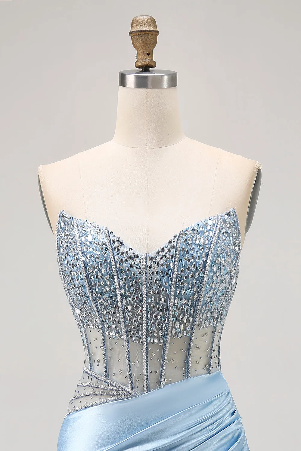 Blue Strapless Satin Beaded Corset Tight Homecoming Dress sold by Zapaka product image thumbnail 4