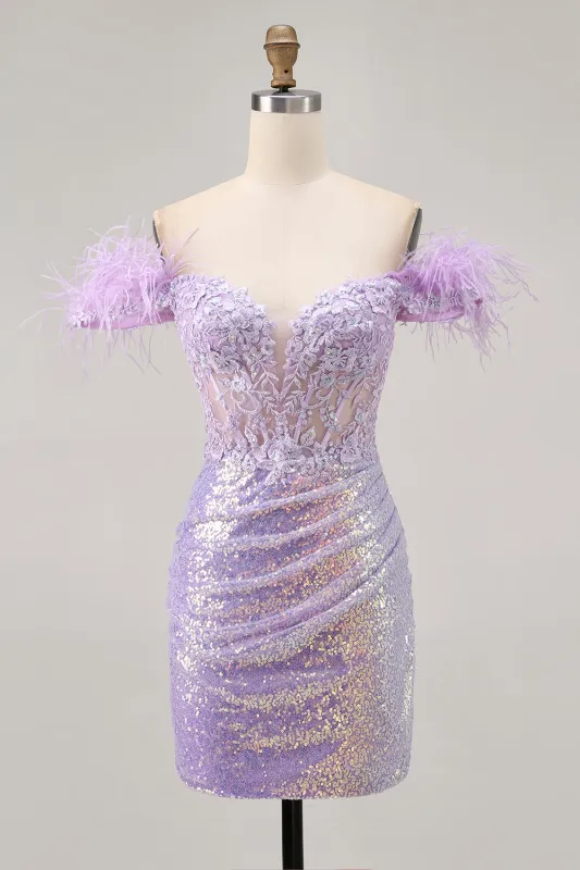 Sparkly Lilac Sequins Off The Shoulder Corset Short Homecoming Dress sold by Zapaka