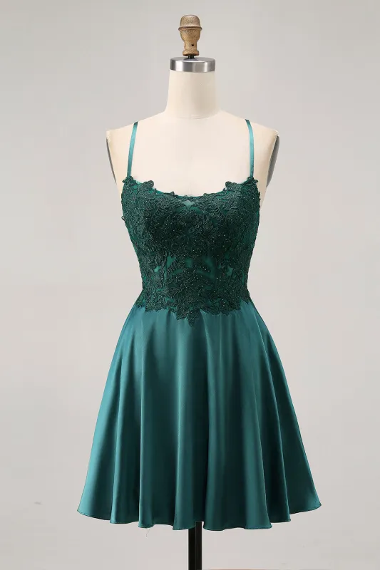 Dark Green A Line Appliqued Short Homecoming Dress with Beading sold by Zapaka