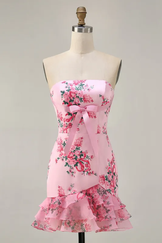 Pink Floral Bodycon Strapless Printed Short Homecoming Dress with Ruffles sold by Zapaka