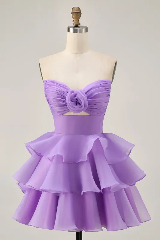 Tiered Cute A-Line Strapless Cut Out Purple Homecoming Dress sold by Zapaka