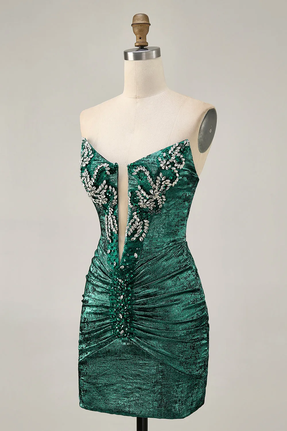 Strapless Green Bodycon Ruched Short Homecoming Dress with Beading sold by Zapaka product image thumbnail 3