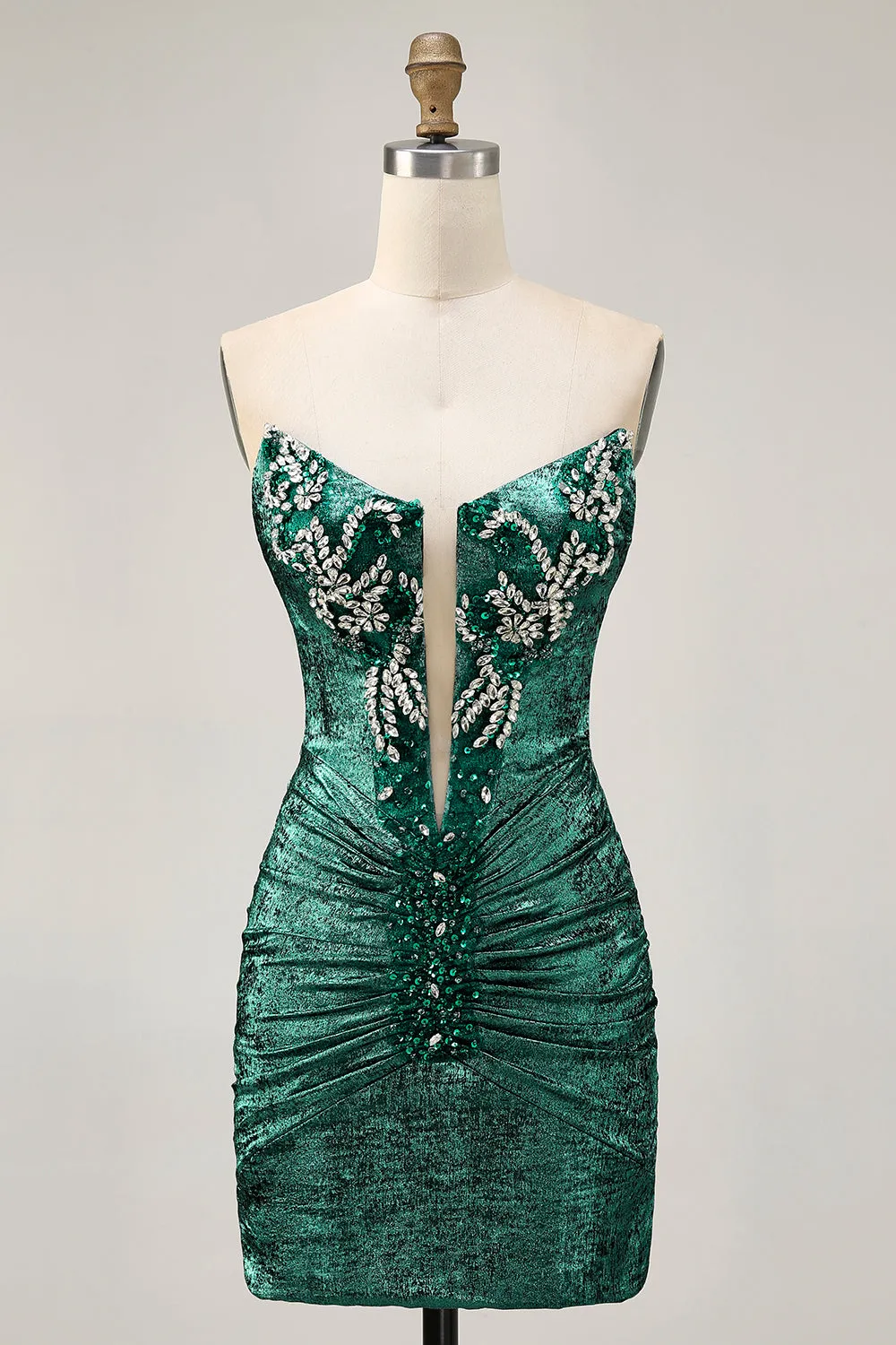 Strapless Green Bodycon Ruched Short Homecoming Dress with Beading sold by Zapaka