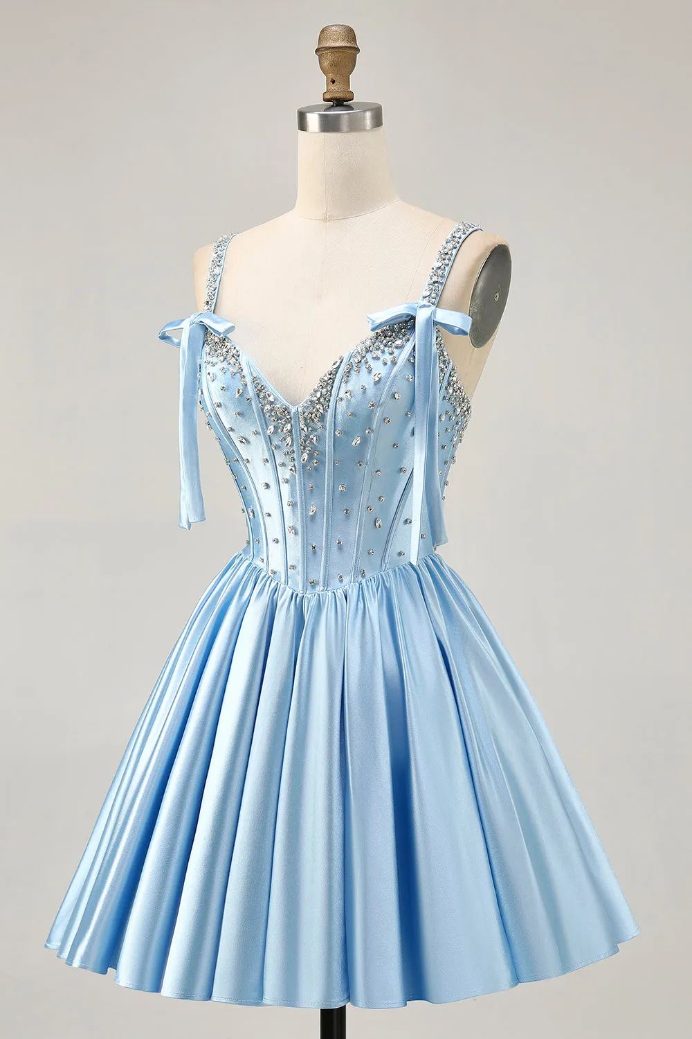 Satin Blue Beaded Corset A Line Homecoming Dress with Bows sold by Zapaka product image thumbnail 3
