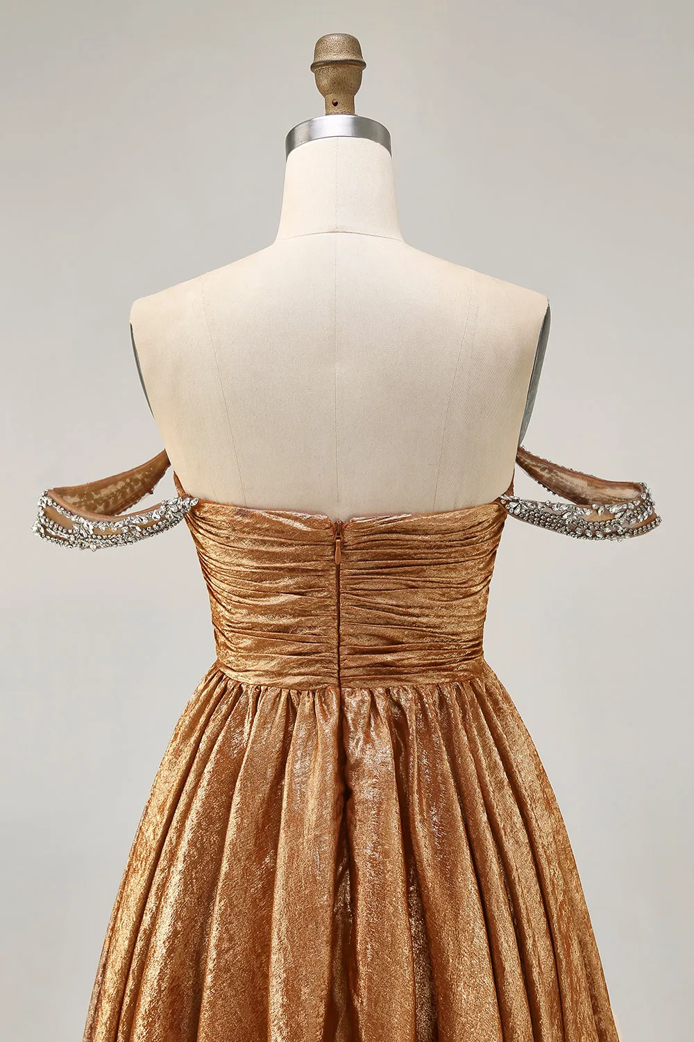 Metallic A-Line Off The Shoulder Beaded Ruched Golden Homecoming Dress sold by Zapaka product image thumbnail 5