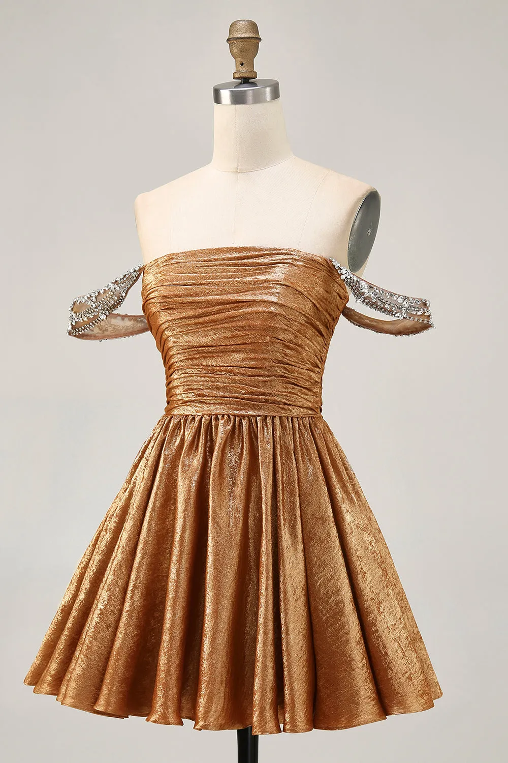 Metallic A-Line Off The Shoulder Beaded Ruched Golden Homecoming Dress sold by Zapaka product image thumbnail 3