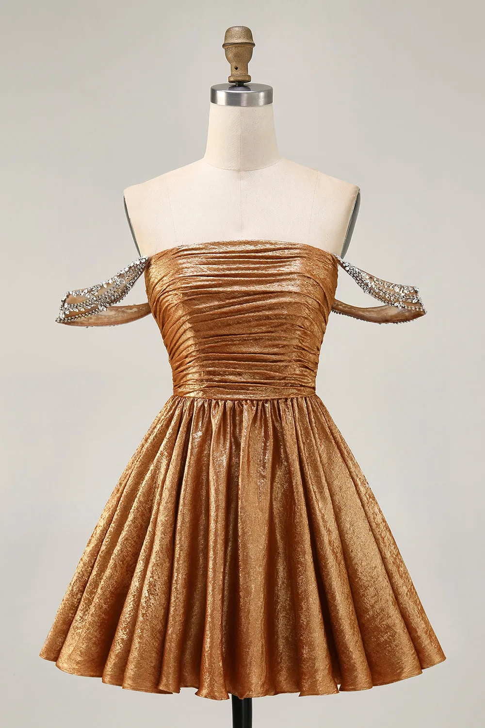 Metallic A-Line Off The Shoulder Beaded Ruched Golden Homecoming Dress sold by Zapaka