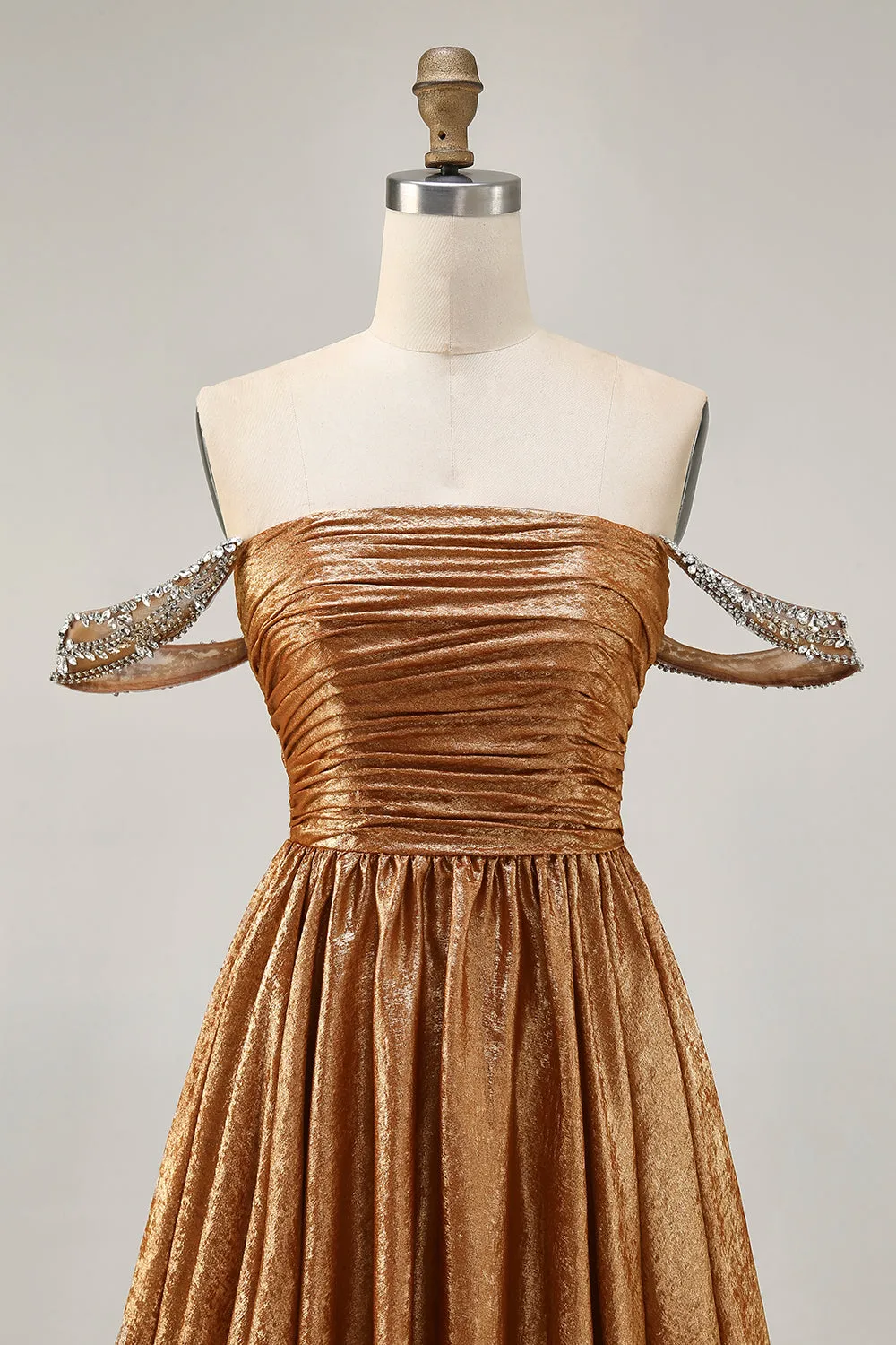Metallic A-Line Off The Shoulder Beaded Ruched Golden Homecoming Dress sold by Zapaka product image thumbnail 4