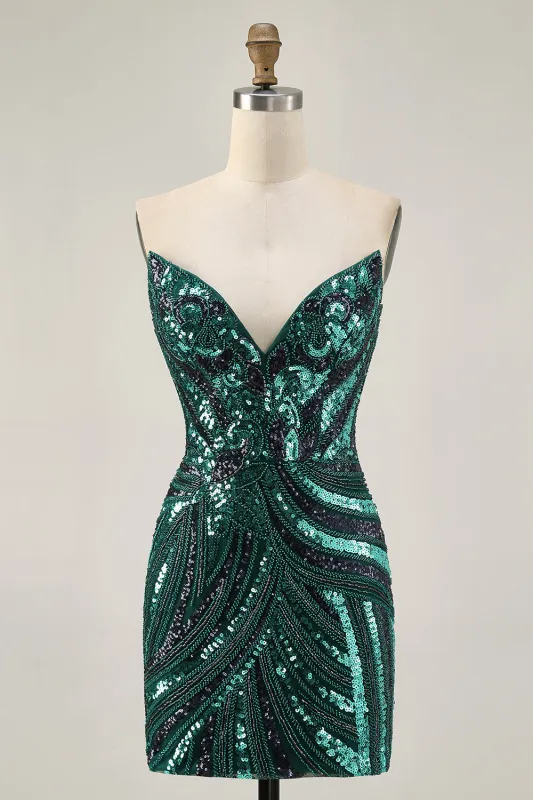 Dark Green Sparkly Strapless Sequins Tight Homecoming Dress sold by Zapaka