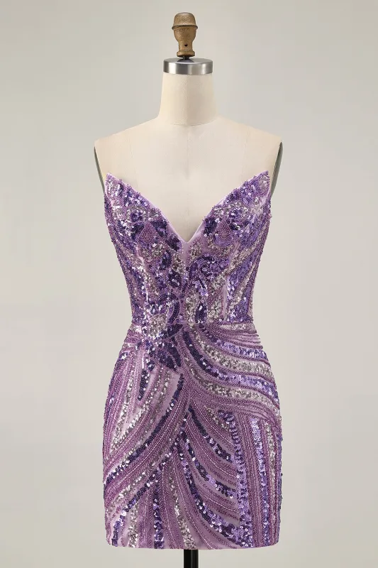 Sparkly Sequins Purple Strapless Tight Short Homecoming Dress sold by Zapaka
