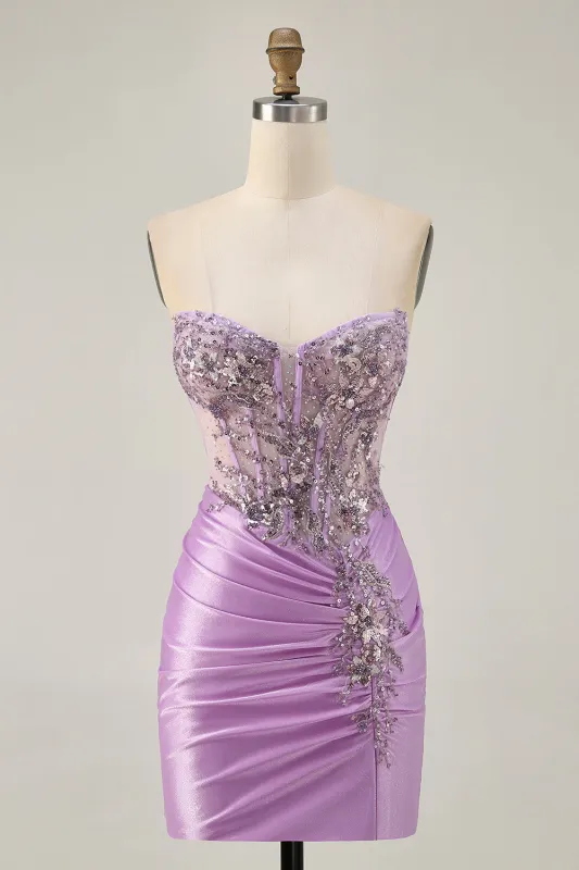 Sparkly Lilac Bodycon Strapless Short Homecoming Dress with Lace Up Back sold by Zapaka