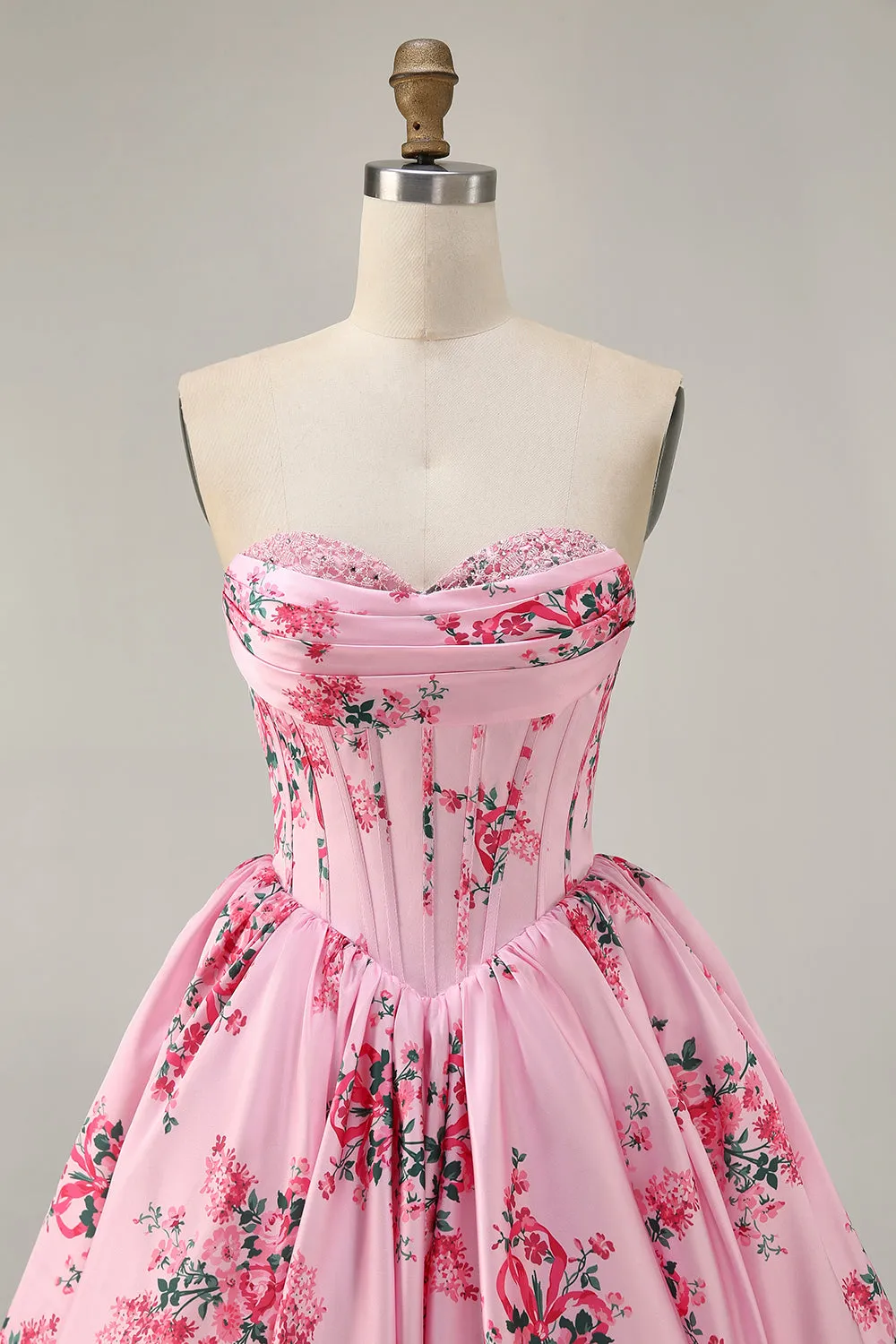 Pink Flower A-Line Strapless Printed Homecoming Dress with Beading sold by Zapaka product image thumbnail 4